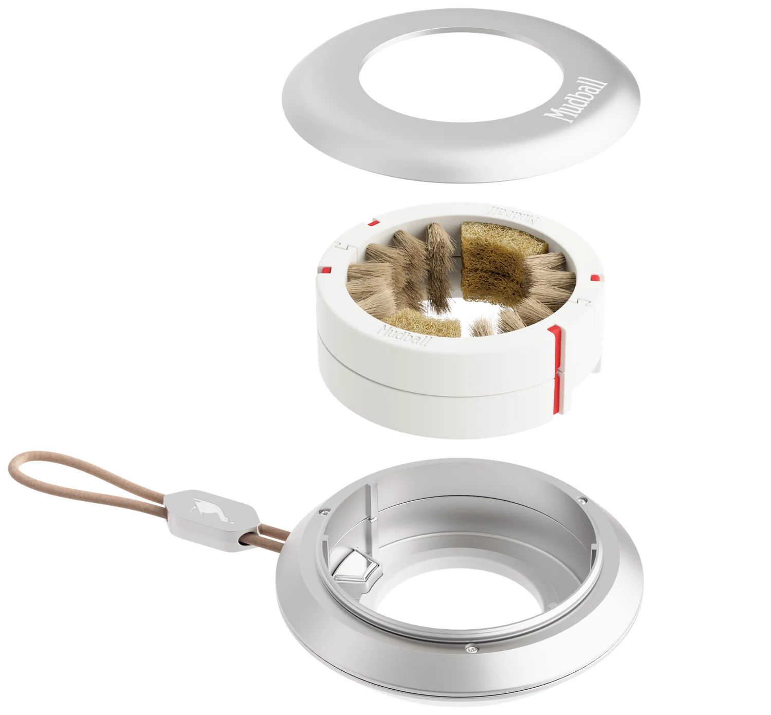 An exploded view of the Mudball: aluminum cap above, walnut and agave bristle pad, and the body with its hang rope